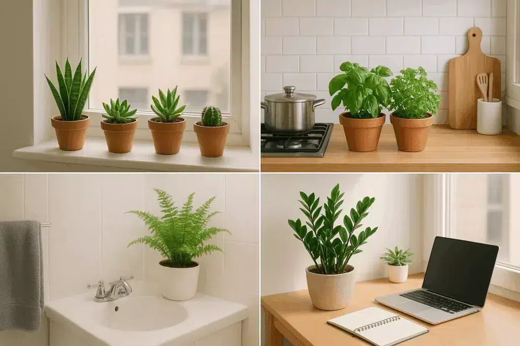 Best locations to set up your indoor garden: south-facing window for succulents, kitchen for herbs, bathroom for ferns, and home office for low-maintenance plants like ZZ Plant.