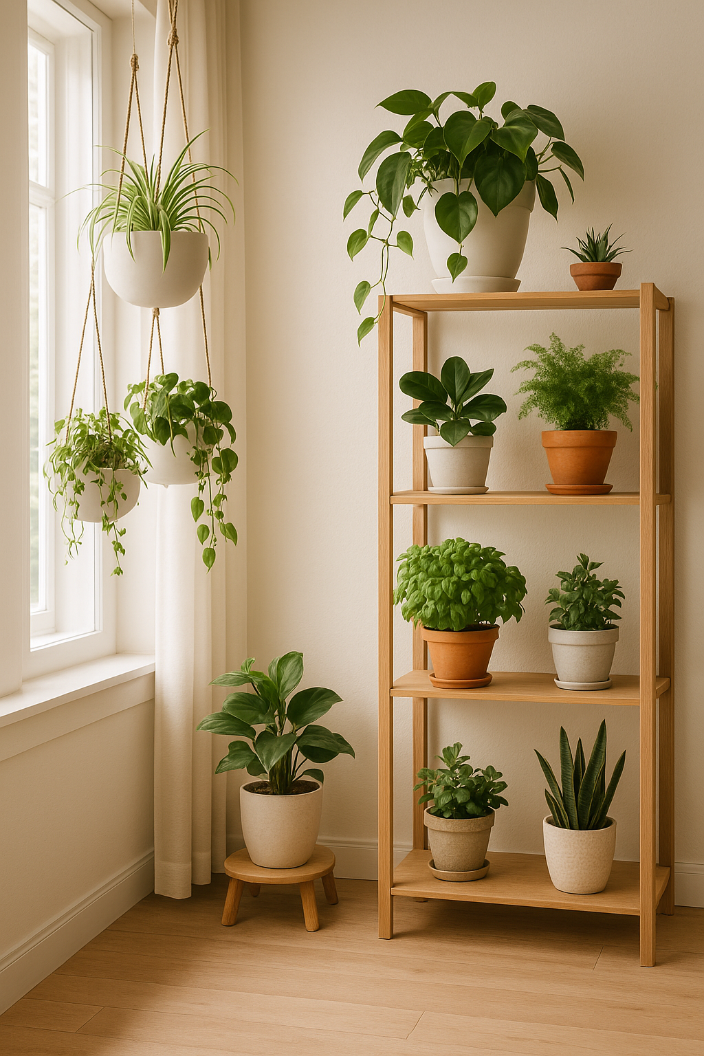 Best setups for small indoor gardens with hanging planters and shelves in a bright room