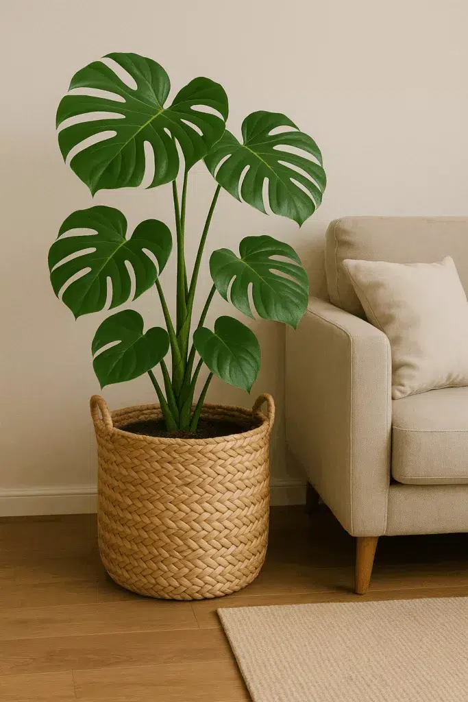 DIY indoor plant container using woven basket for monstera in living room