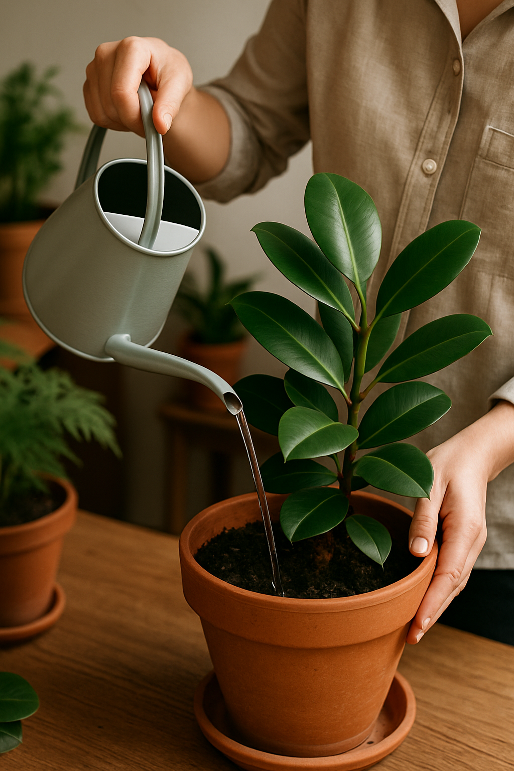 How to water indoor plants correctly using the right tools and technique.