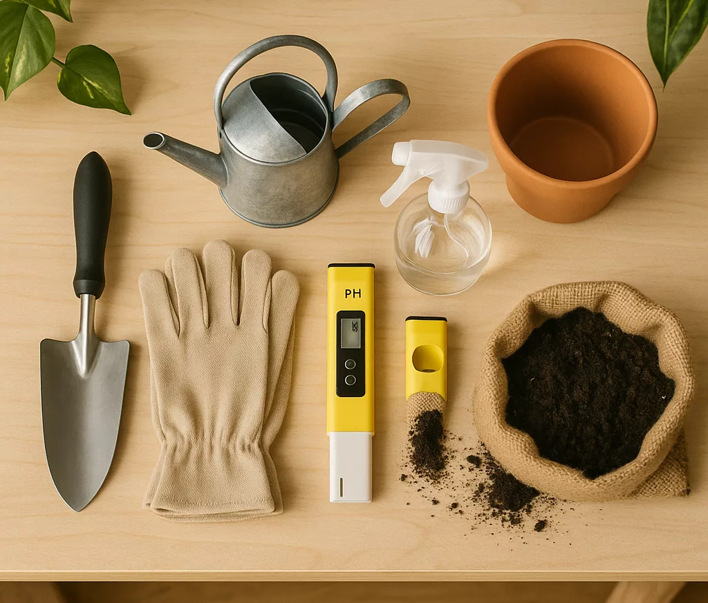 Indoor gardening tools and accessories on a wooden table, including trowel, gloves, watering can, and pH meter