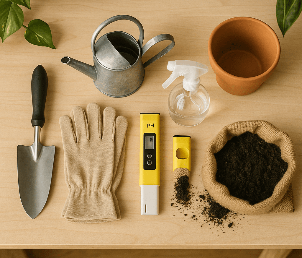 Indoor gardening tools and accessories on a wooden table, including trowel, gloves, watering can, and pH meter