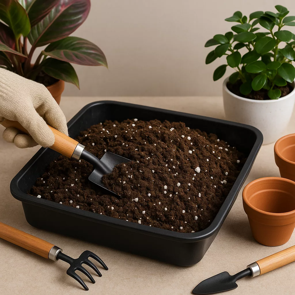 best potting soil for indoor plants in a container next to healthy houseplants
