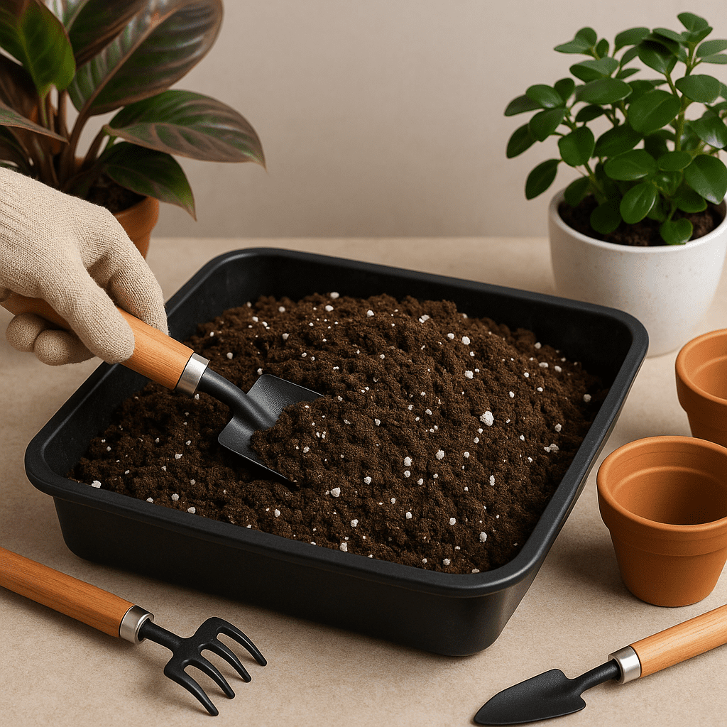best potting soil for indoor plants in a container next to healthy houseplants