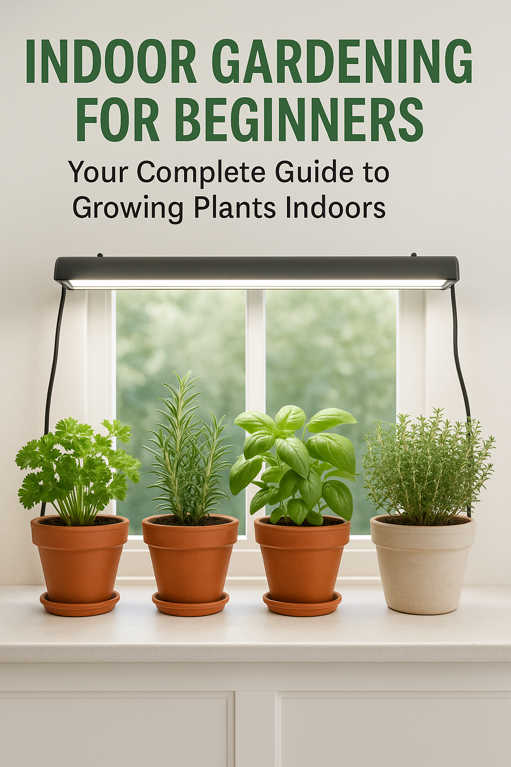 Indoor gardening for beginners with potted herbs and LED lights on a windowsill