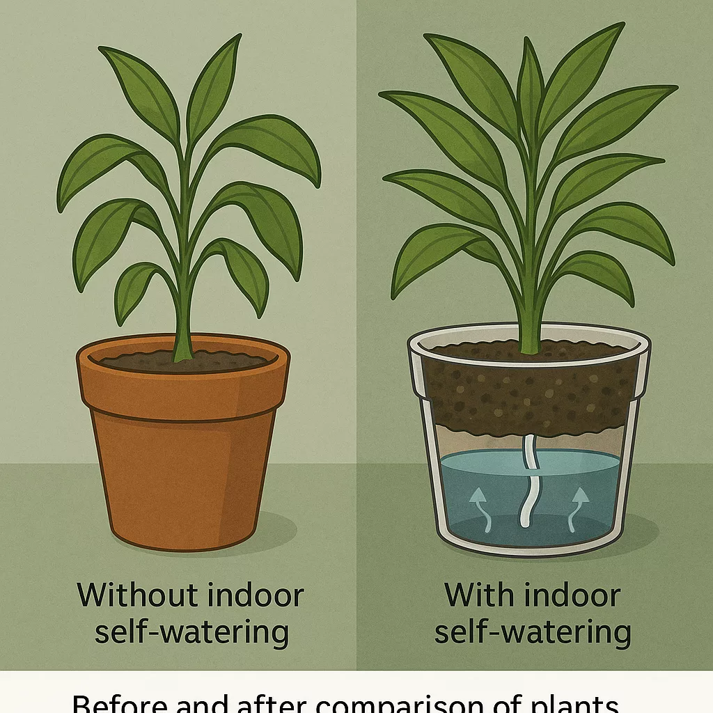 Before and after comparison of plants with and without indoor self-watering systems
