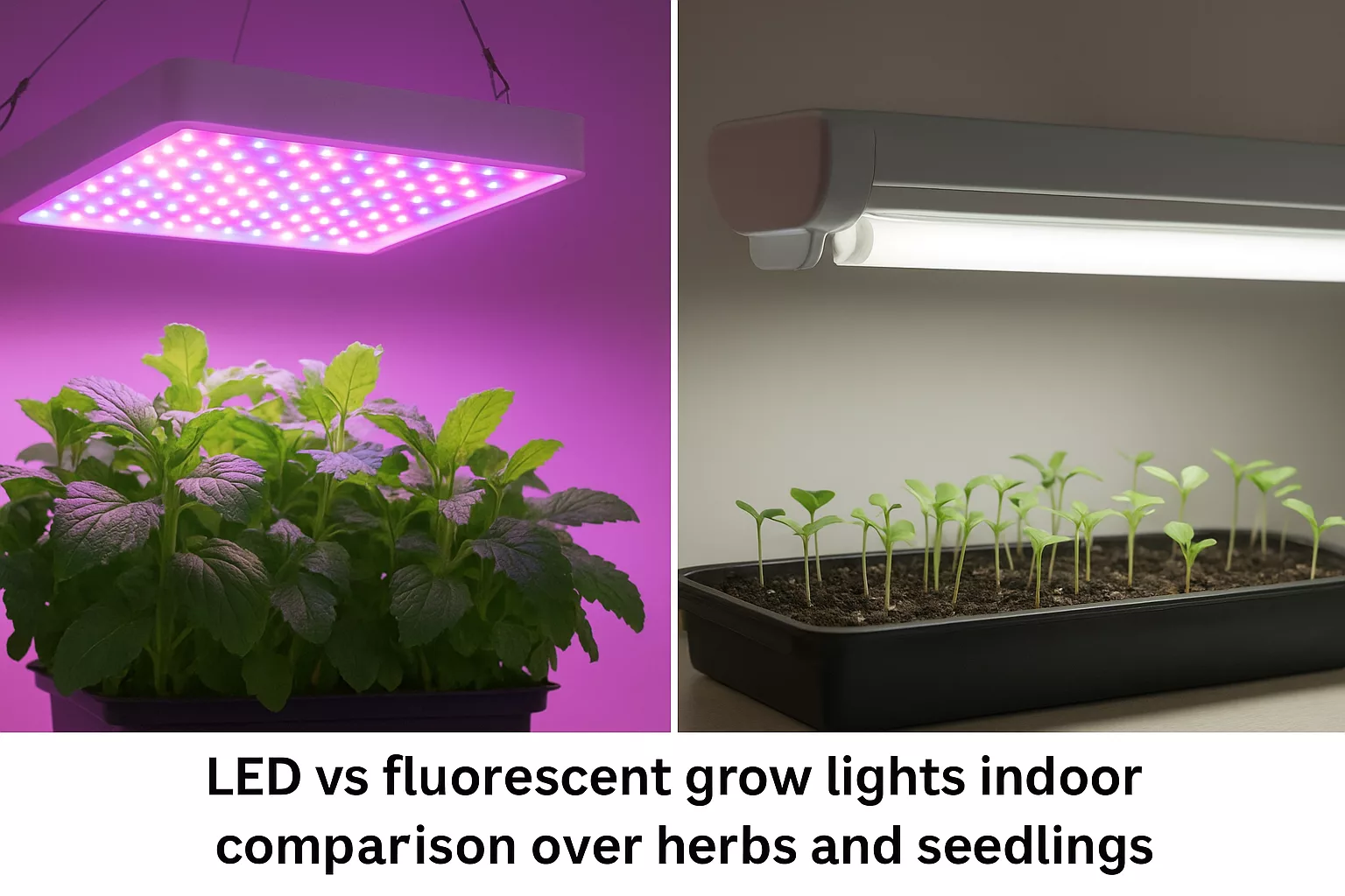 LED vs fluorescent grow lights indoor comparison over herbs and seedlings