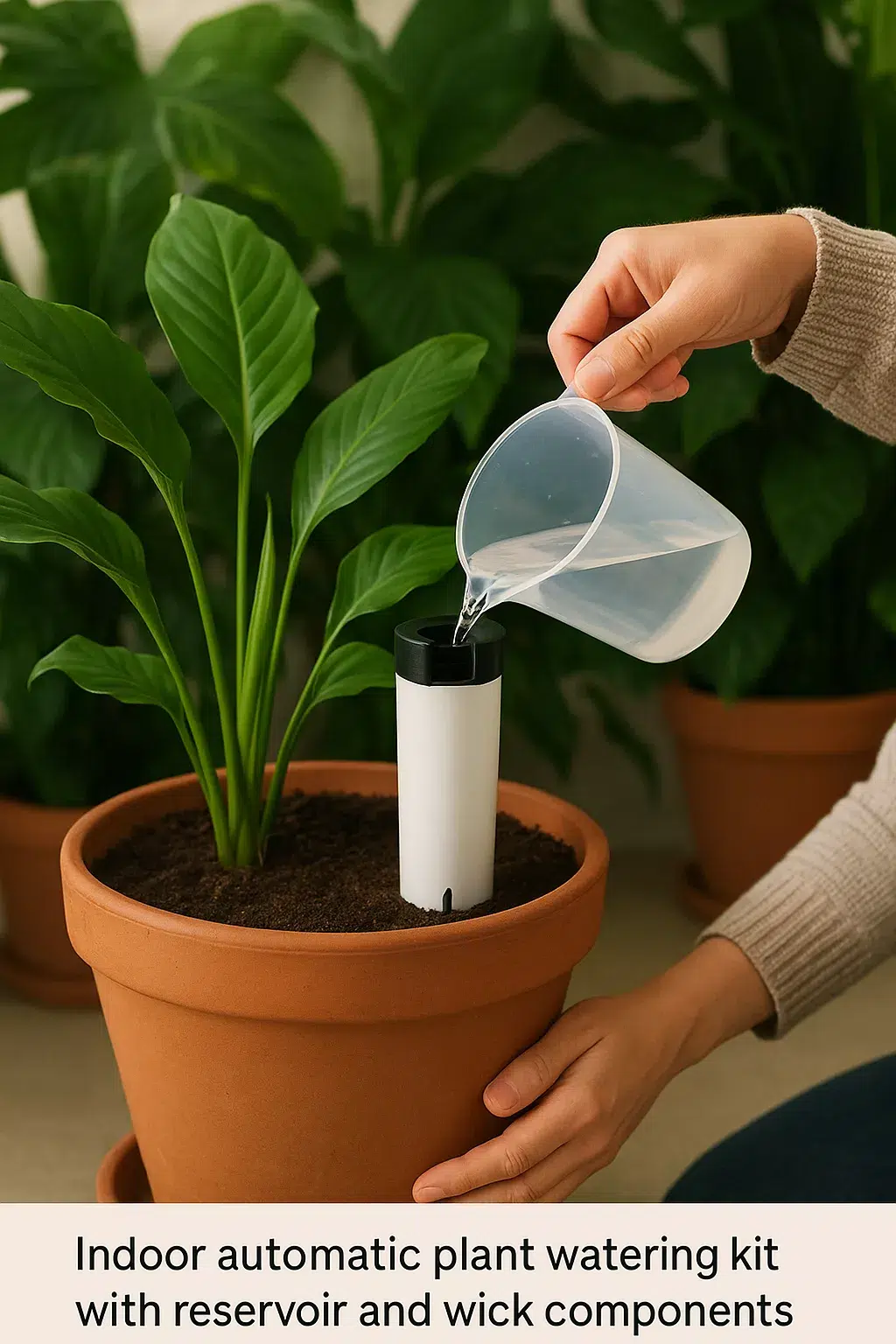 Refilling reservoir of indoor self-watering system for tropical plants