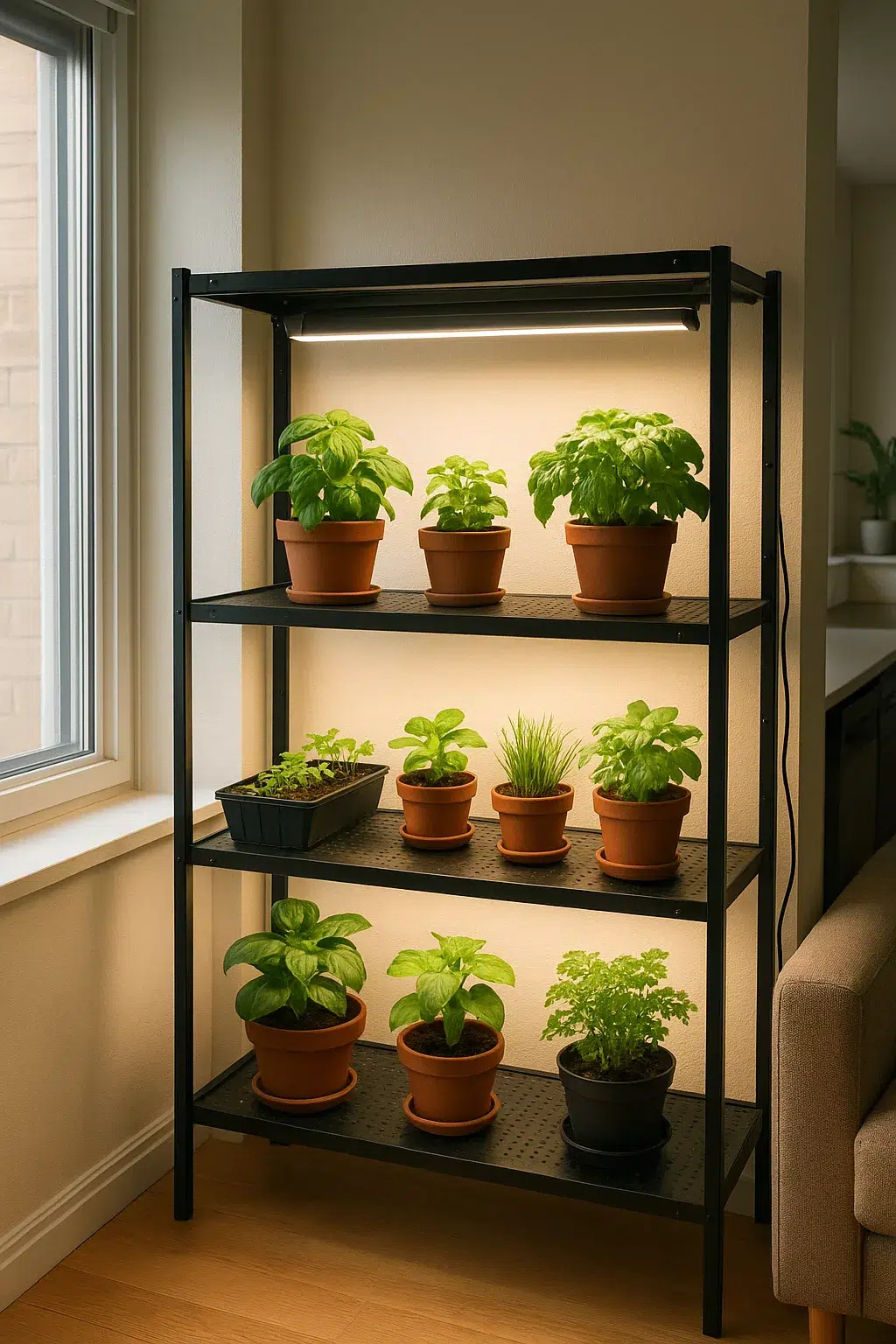 indoor apartment garden setup with LED grow lights