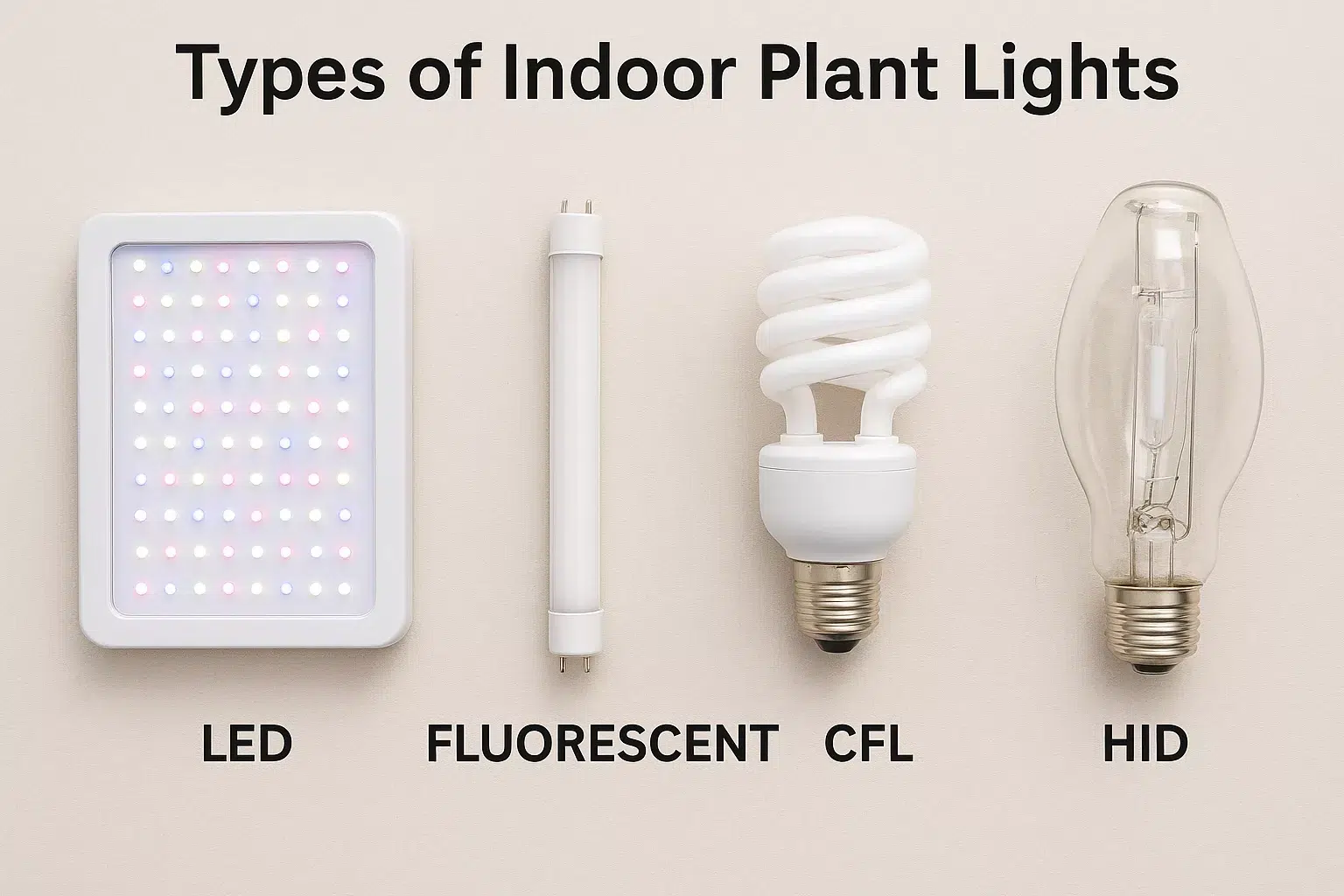 types of indoor plant lights including LED, fluorescent, CFL, and HID
