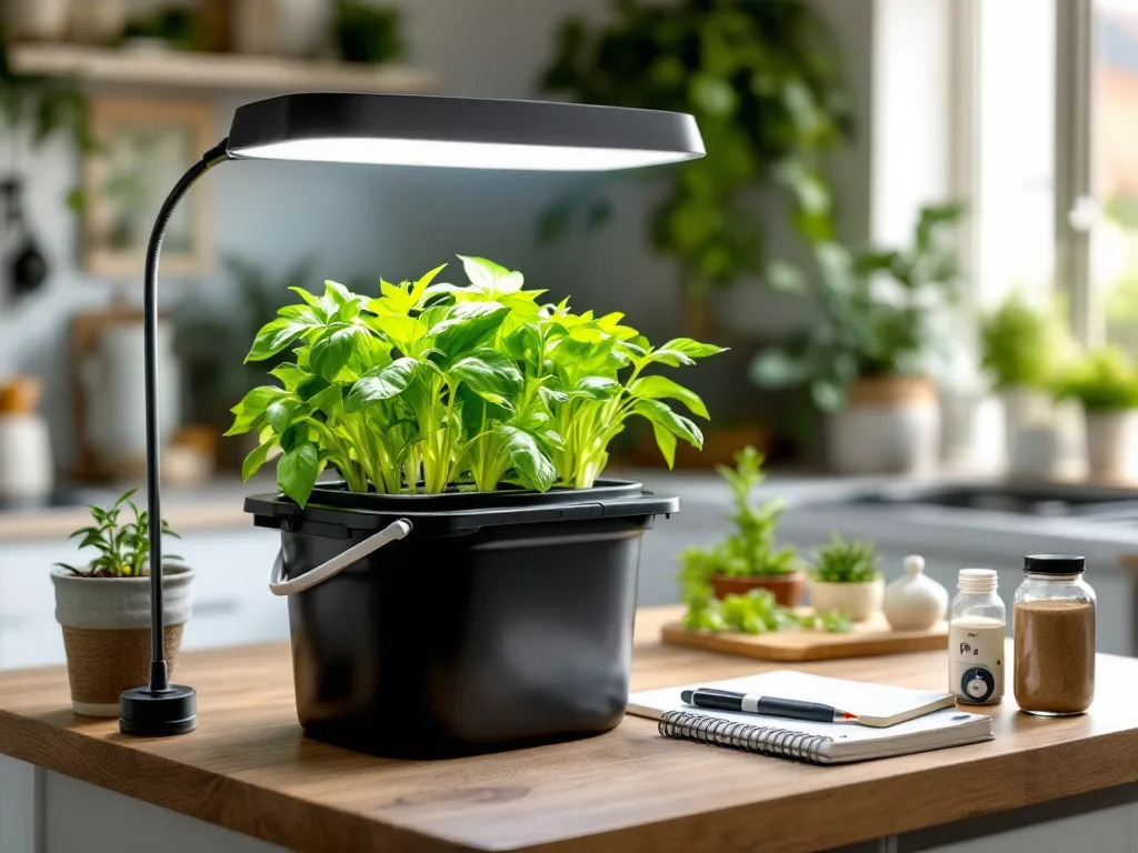 Indoor hydroponic gardening for beginners: A simple DWC system with lettuce and basil under LED grow lights in a home kitchen.