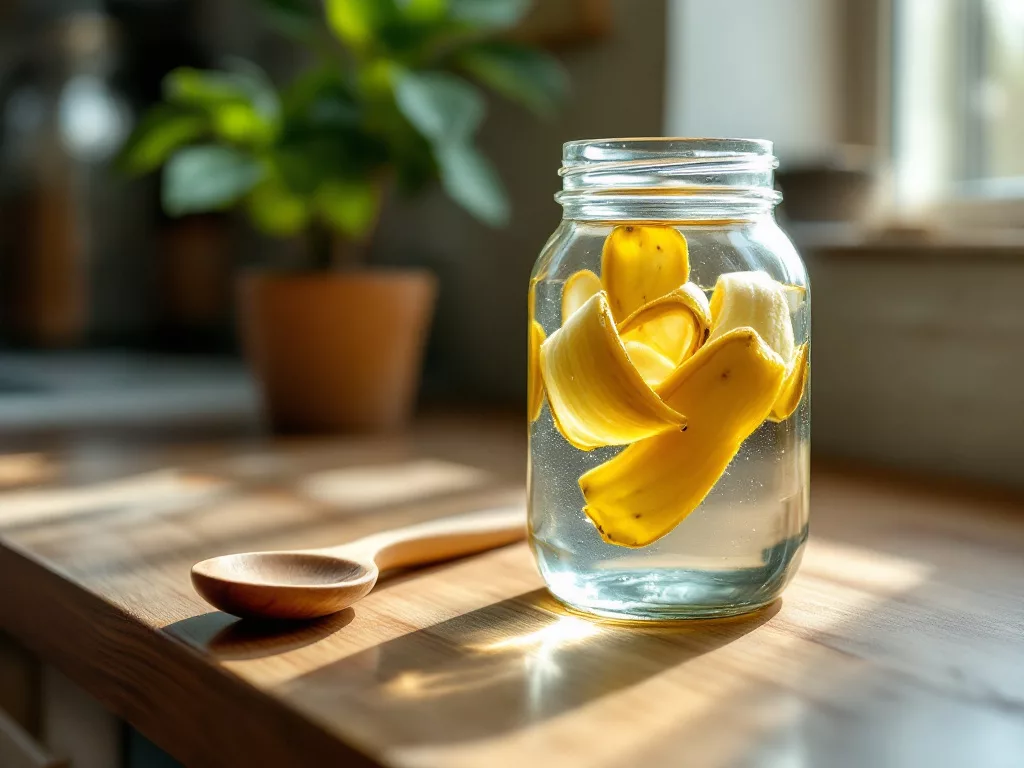 DIY banana peel fertilizer for indoor plants: Banana peels soaking in a glass jar on a wooden kitchen countertop, with a potted plant in the background, illustrating an eco-friendly and natural plant care method.