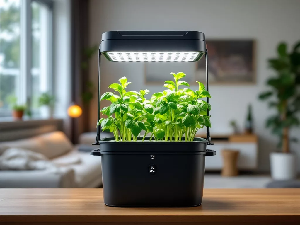 Deep Water Culture (DWC) hydroponic system with lettuce and LED grow lights.