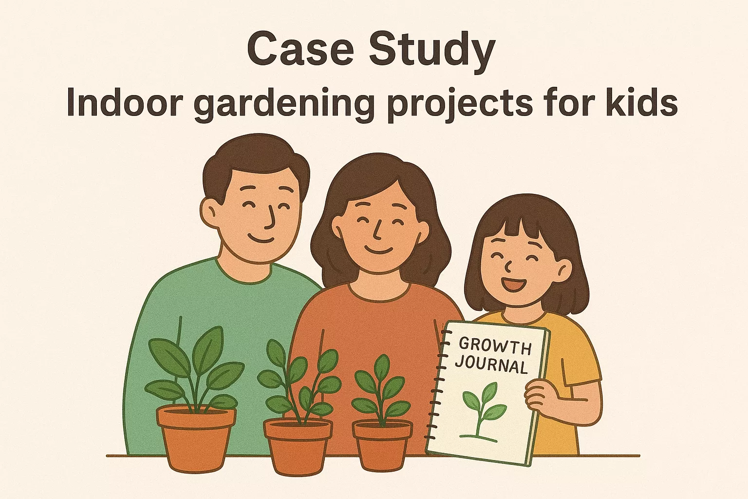 Indoor gardening projects for kids: Family with their indoor garden and growth journal for tracking progress.