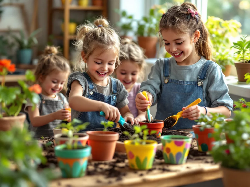 Indoor gardening projects for kids: Happy children starting their first indoor garden with pots, soil, and seeds.