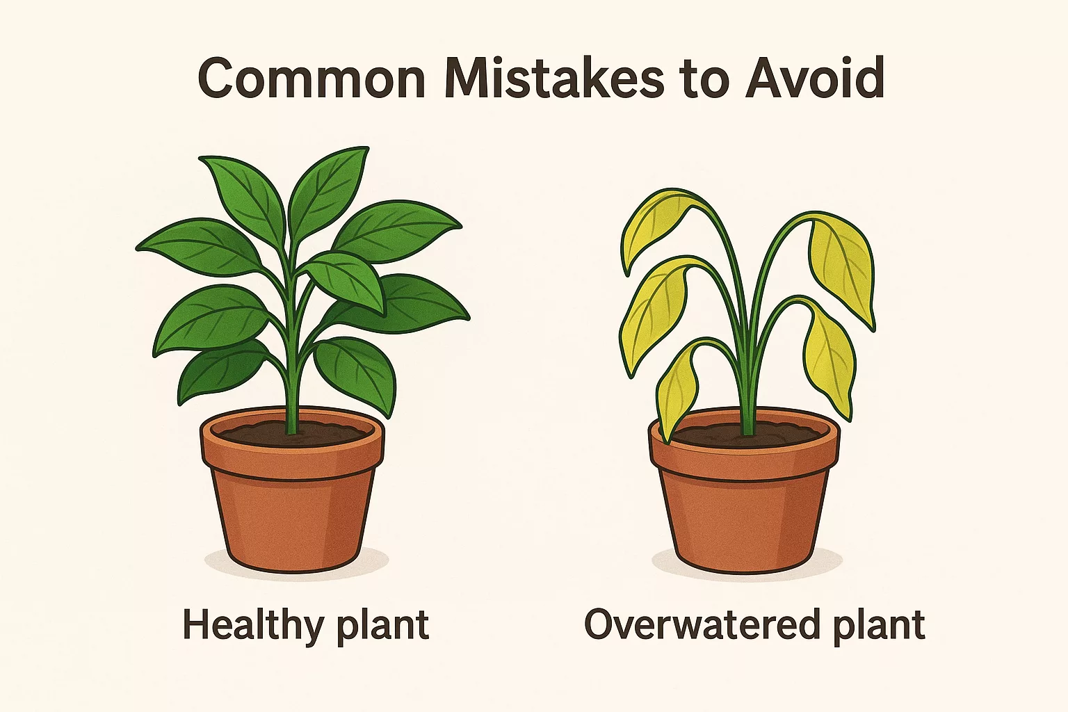 Indoor gardening projects for kids: Healthy plant vs. overwatered plant with yellow leaves.
