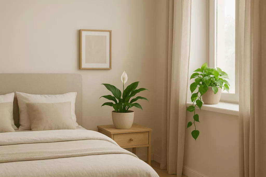 Indoor plants low maintenance creating a calming bedroom space.