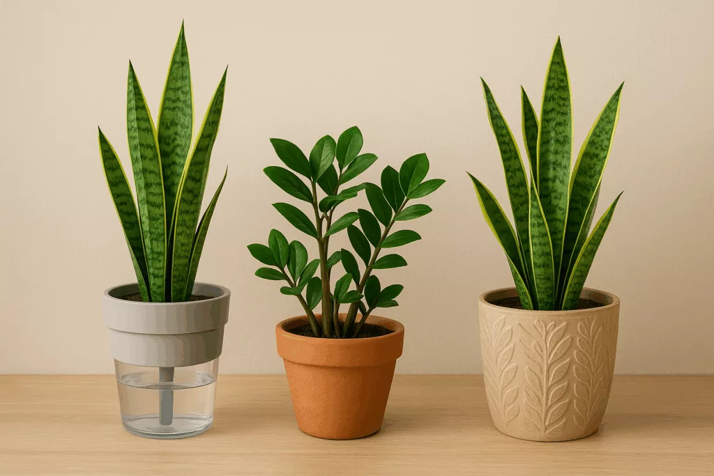 Low maintenance indoor plants with self-watering pots for apartments.