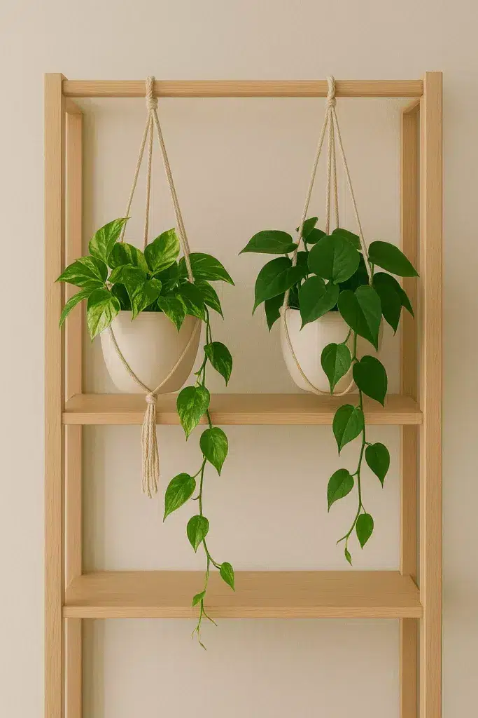 No sun plants like pothos and philodendron growing on apartment shelf.