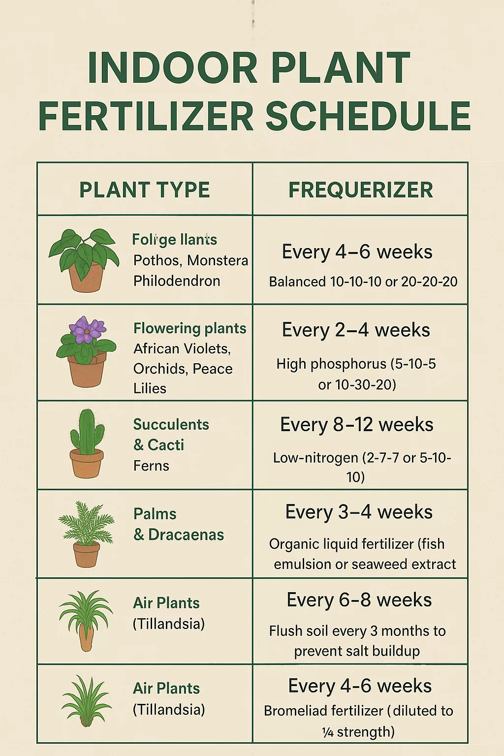 Organized indoor plant fertilizer schedule on a notepad with potted Monstera, Snake Plant, and Orchid, showing fertilizing frequencies and tools for consistent plant care.
