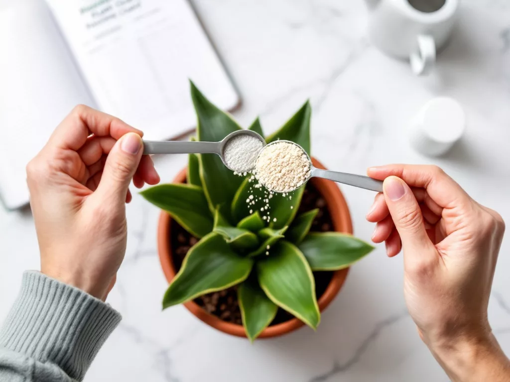 Precision indoor plant care: A hand measuring granular fertilizer for a Snake Plant in a terracotta pot, with a plant feeding chart and watering can in the background, illustrating the correct way to fertilize houseplants.