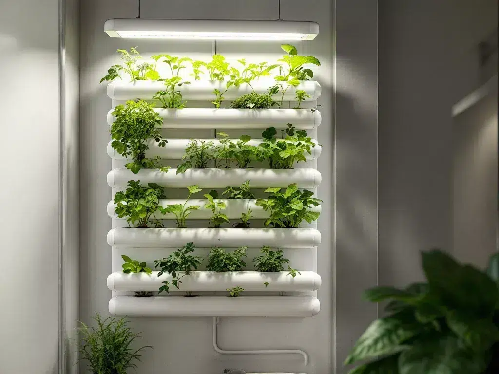 Vertical hydroponic garden with PVC pipes, LED lights, and leafy greens in a small apartment.