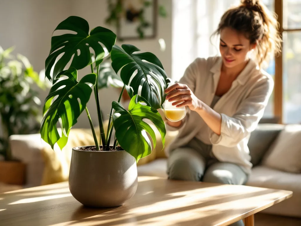 Woman fertilizing a Monstera deliciosa plant with liquid fertilizer in a bright, modern living room, showcasing healthy indoor plant care and a lush green Monstera in a ceramic pot.